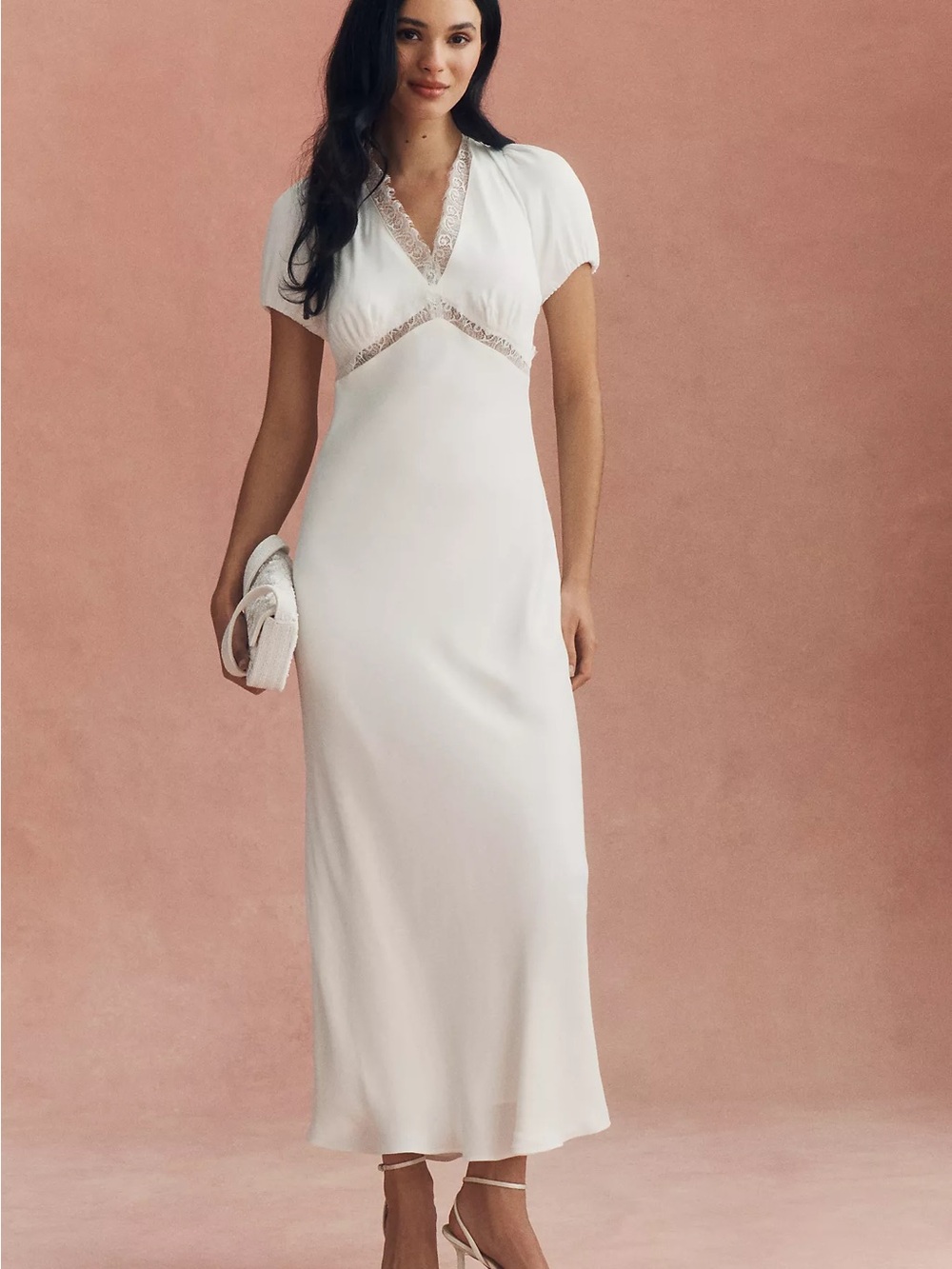 BHLDN Silky Lace-Trimmed Short-Sleeve V-Neck Slip Dress